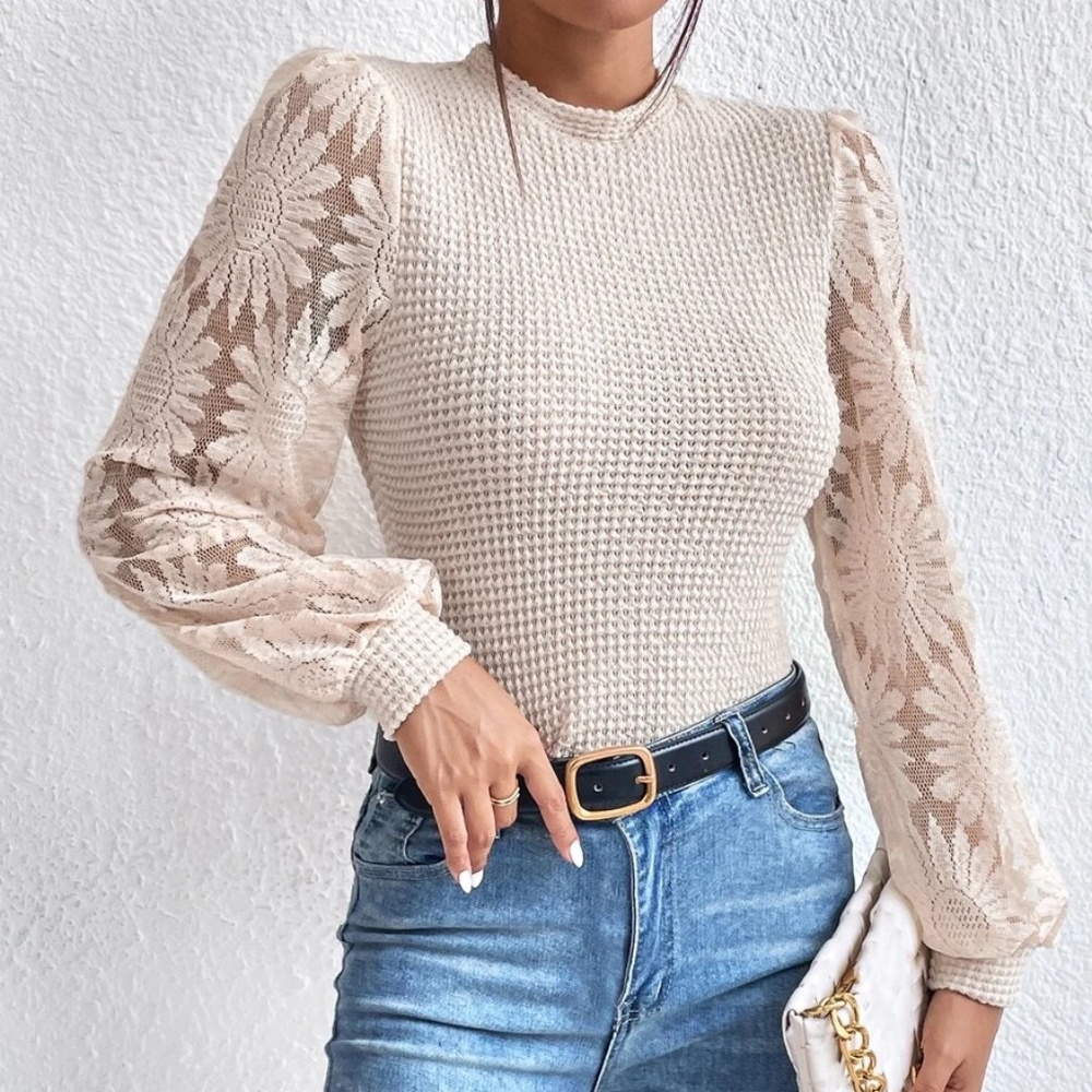 057 Boho Floral Sheer Lace Sleeve Top - Picture 2 of 8